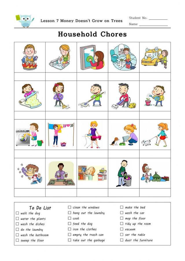 Household Chores online pdf exercise for Grade 1 | Quizalize